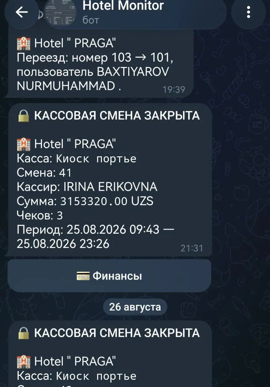 Hotel Monitor в Telegram: переезд гостя и уведомления о закрытии кассовых смен с суммой, кассиром и периодом